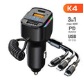 Black car 3-in-1 spring wire fast charge mobile phone charging plug with cable for 12-24V vehicles