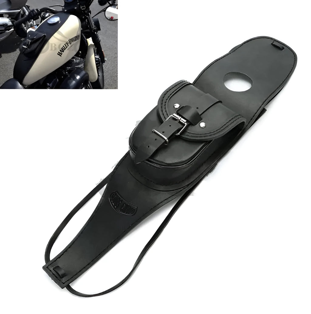 Black PU leather waterproof retro tank bag mounted on Harley Sportster fuel tank with secure straps