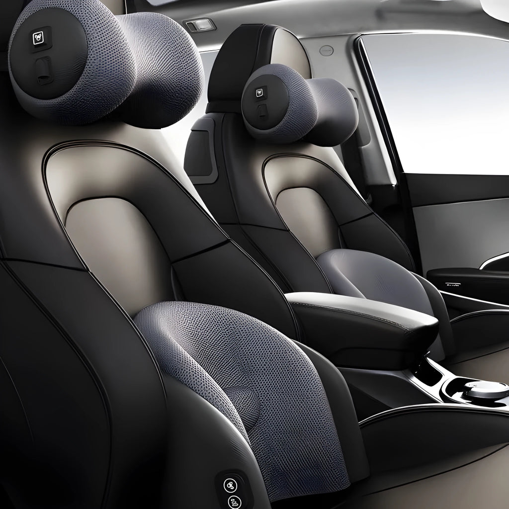 Car seat electric massage waist cushion and headrest in memory cotton, shown in grey