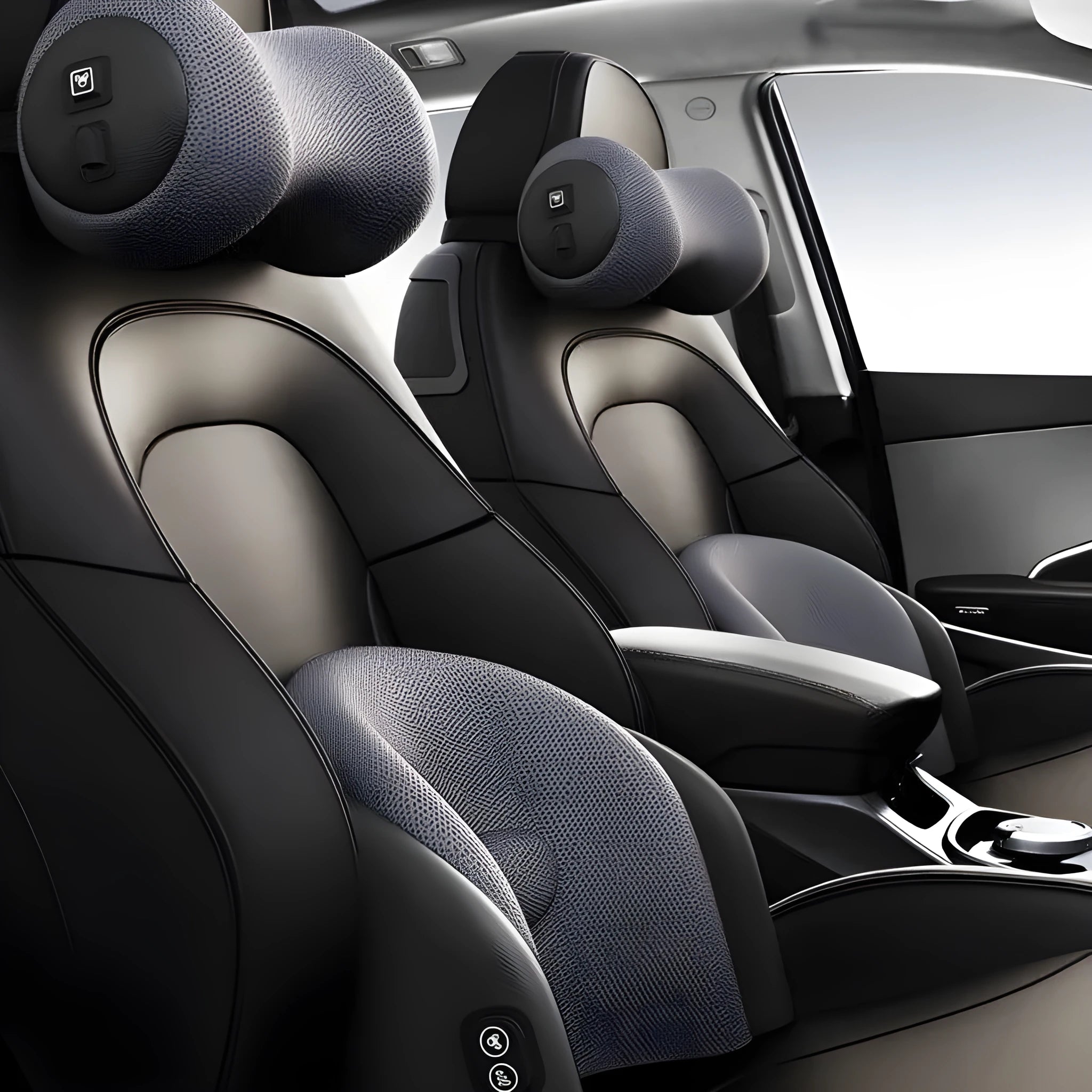 Car seat electric massage waist cushion and headrest in memory cotton, shown in grey
