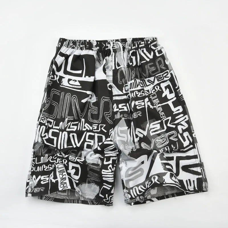 Men's floral print five-point swimming trunks in polyester, showing one of 24 available colour patterns.