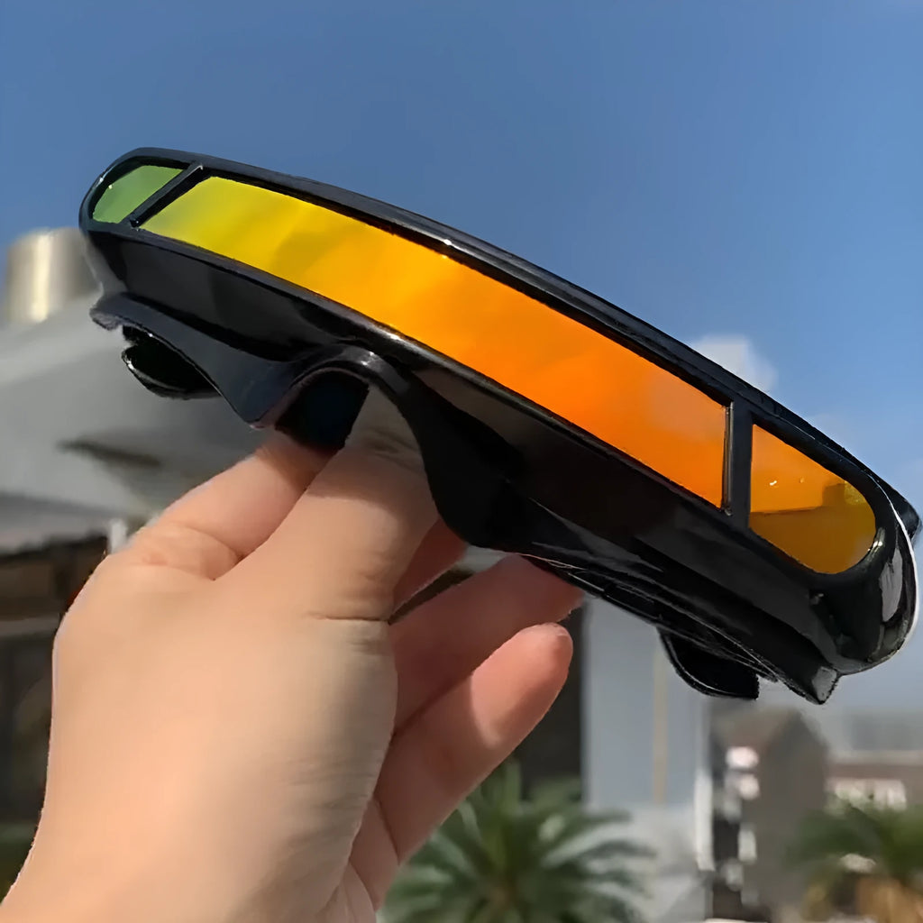 Black polarised sports sunglasses with a choice of blue, red, or grey mercury tint lenses.