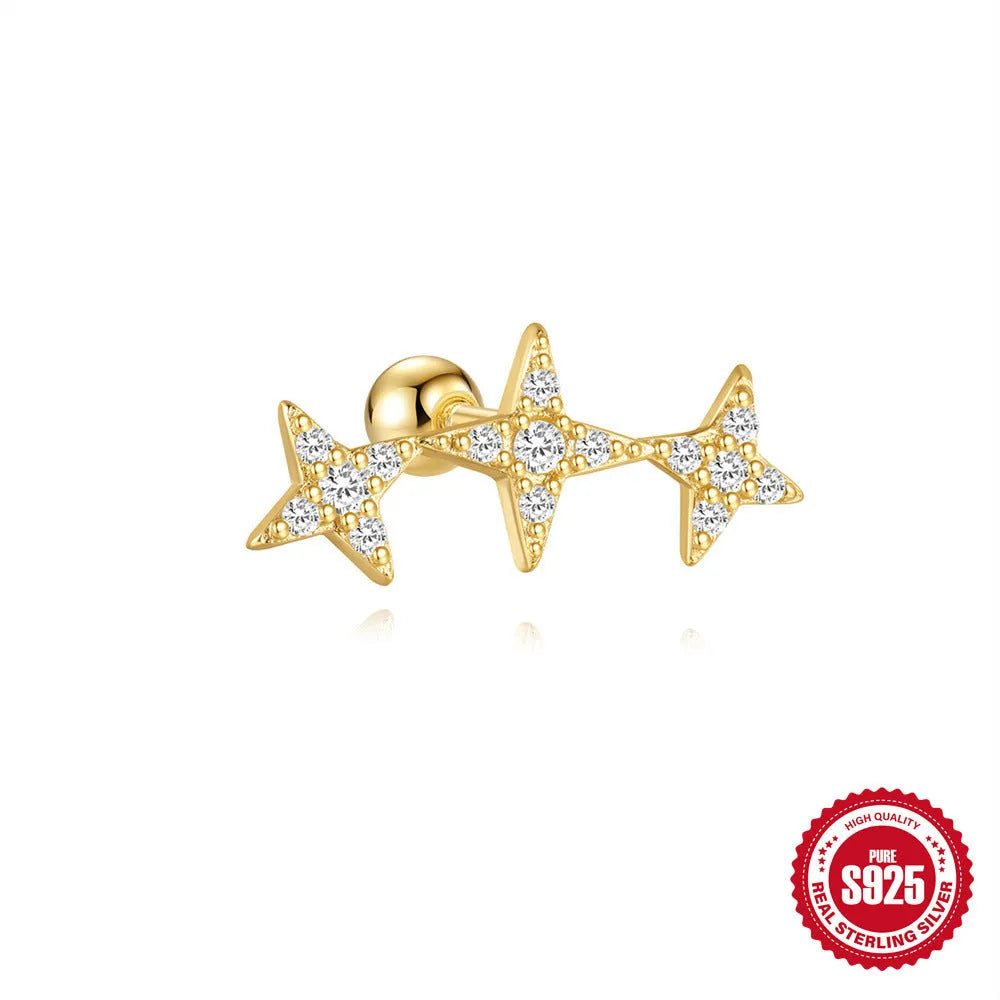 Close-up of S925 sterling silver square gravel flower stud earrings with a golden electroplated finish.