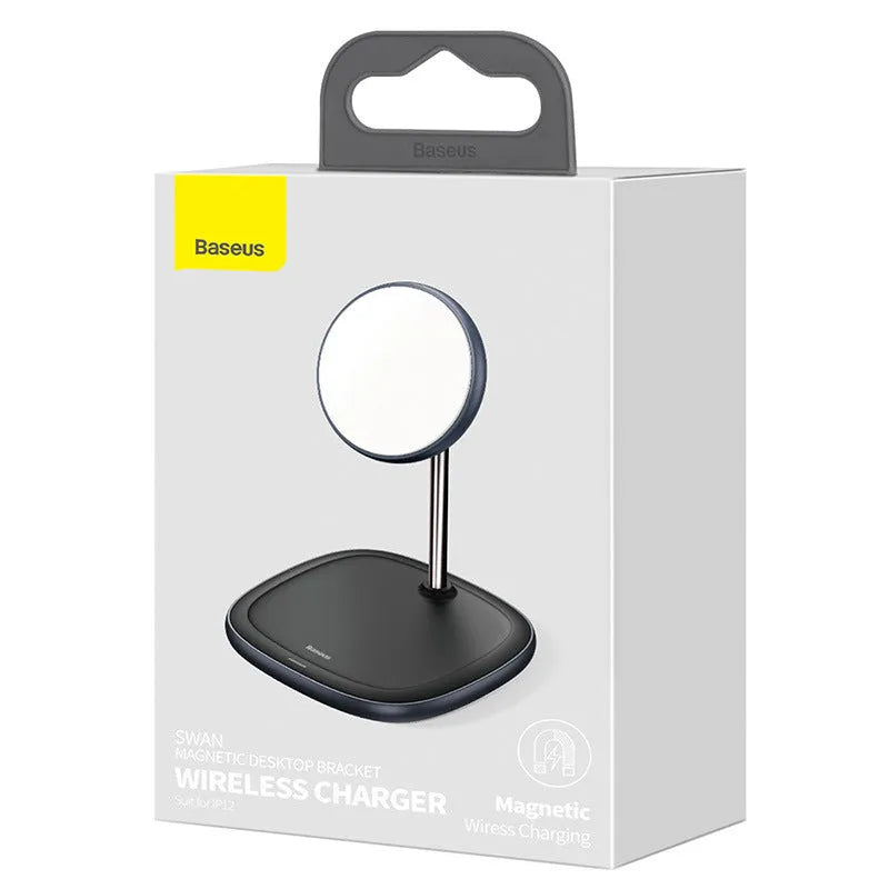 Black magnetic wireless charging stand holding an iPhone 12 Pro on a desk.