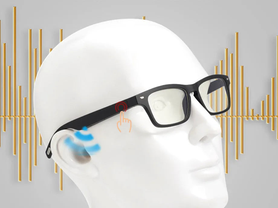 Smart glasses with tinted lenses featuring semi-open ear speakers and a Bluetooth microphone on the frame.