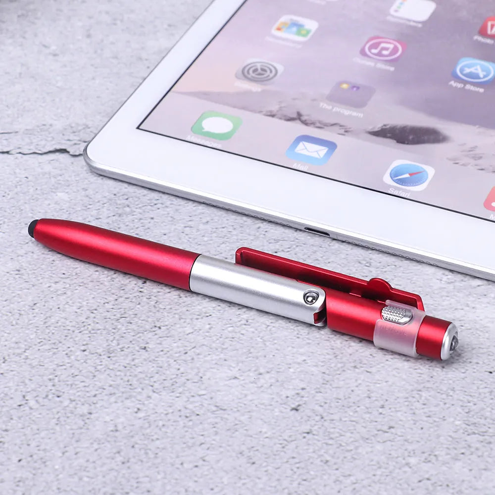 4-in-1 folding light pen mobile phone holder in plastic with LED lamp, black colour, folded position