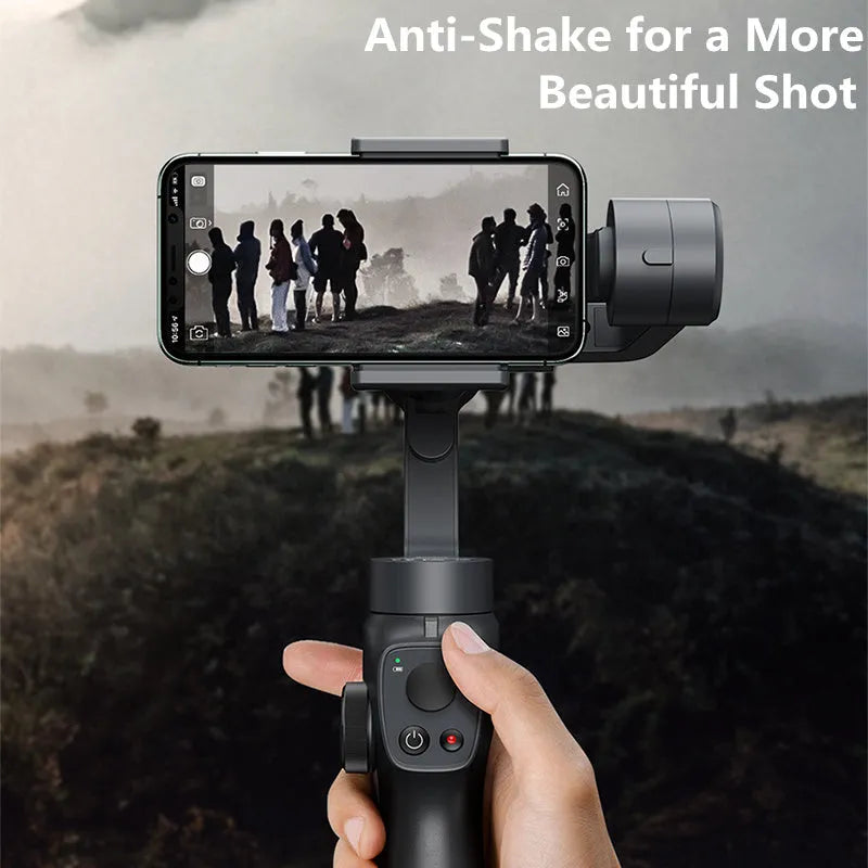 Black handheld three-axis stabiliser for mobile phones with ABS+PC frame and clamp open for a smartphone