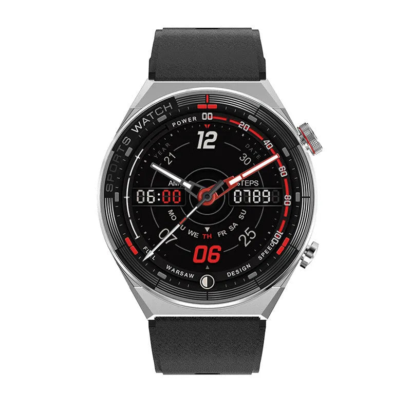 Women's smart watch with 1.5 inch IPS screen, heart rate sensor, and black leather strap on a wrist
