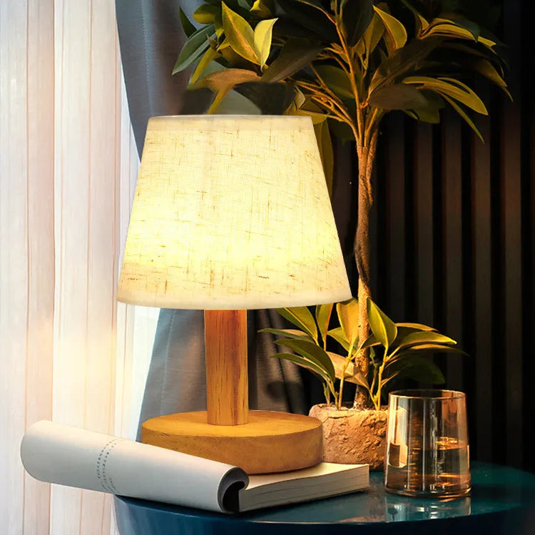 Korean vintage pleated table lamp with jute and linen shade on bamboo base, showing USB port.