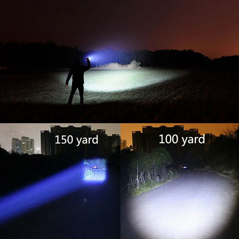 Black aluminium alloy zoomable LED flashlight with adjustable focus ring on a textured body.