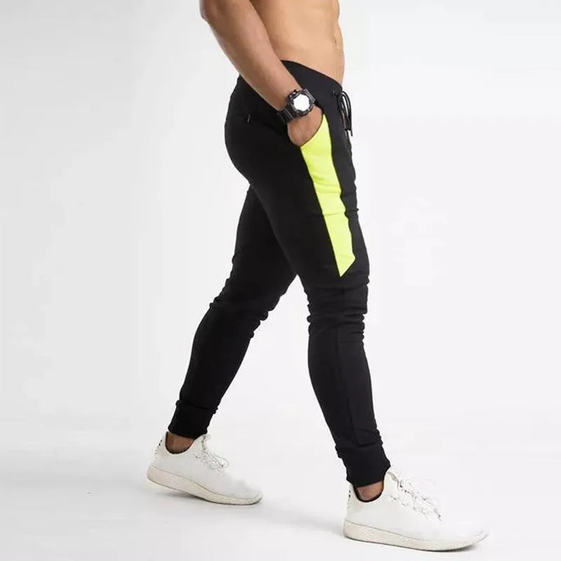 Men's cotton blended fitness running training pants in black yellow colour, slim fit with stretch waist
