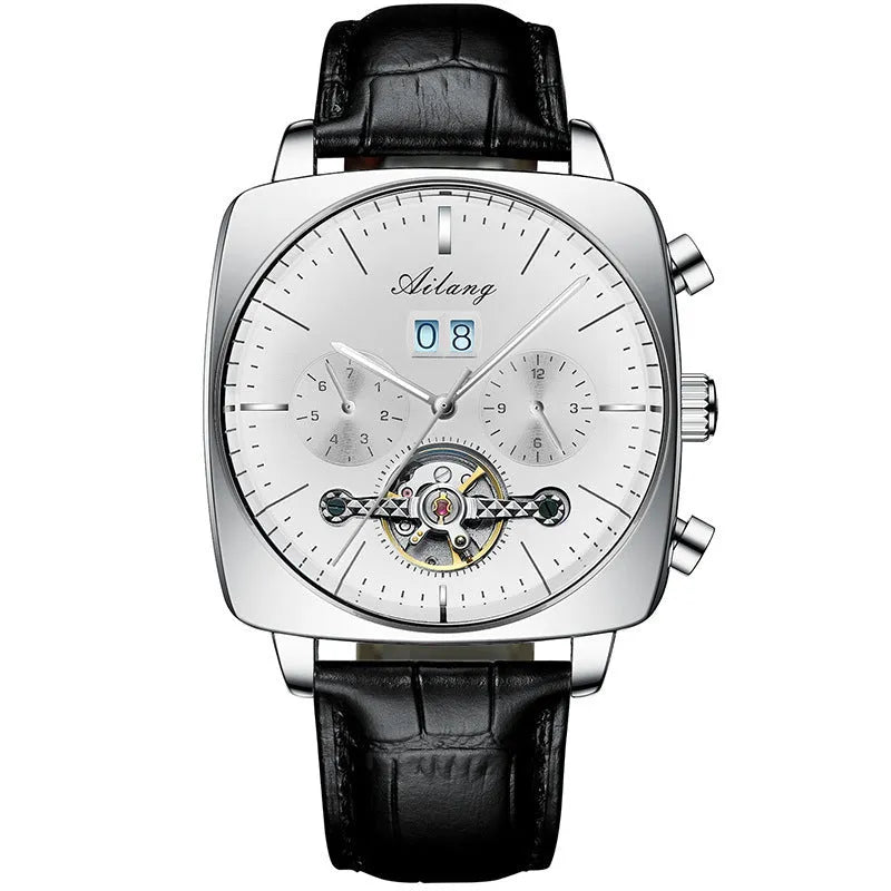 Men's automatic mechanical watch with black leather strap, hollow dial, and luminous hands on a white background