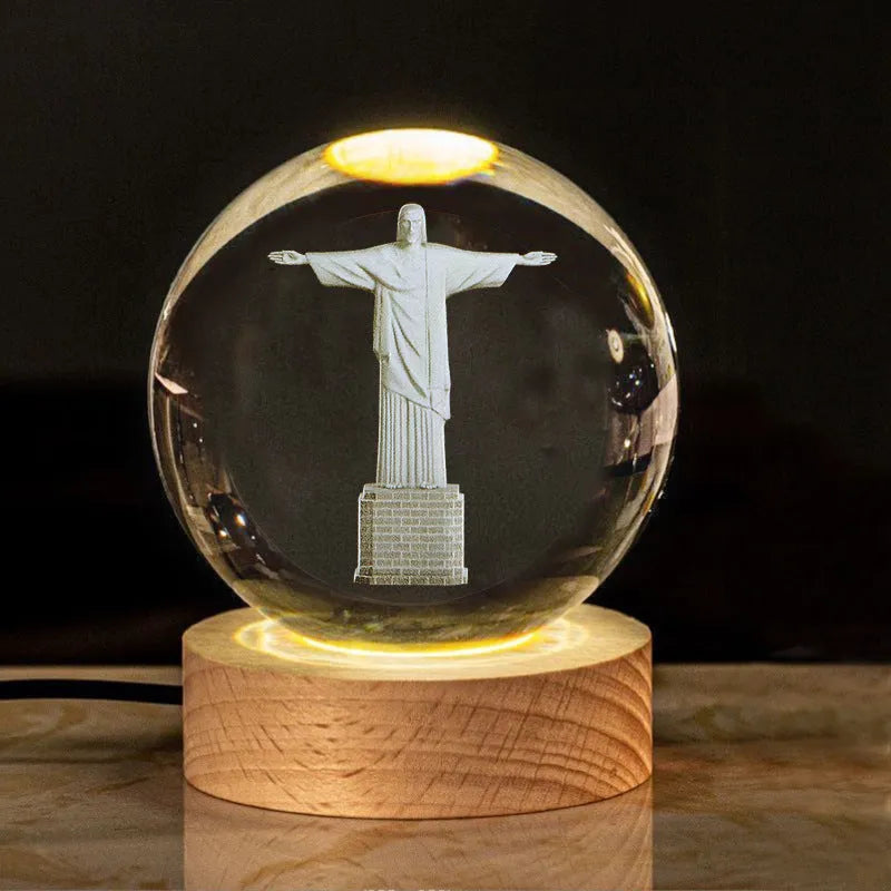 White crystal lamp with 6cm diameter ball on solid wood warm light base for church office decoration