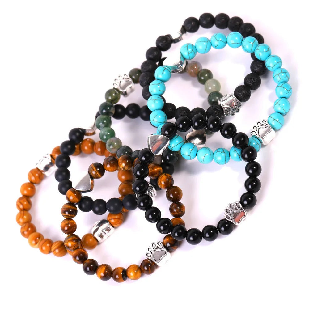 Tigereye Indian agate stone bracelet with dog paw and love heart charms on geometric beaded design