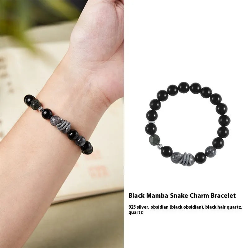 S925 sterling silver men's bracelet with obsidian black hair crystal and retro snake birth year design