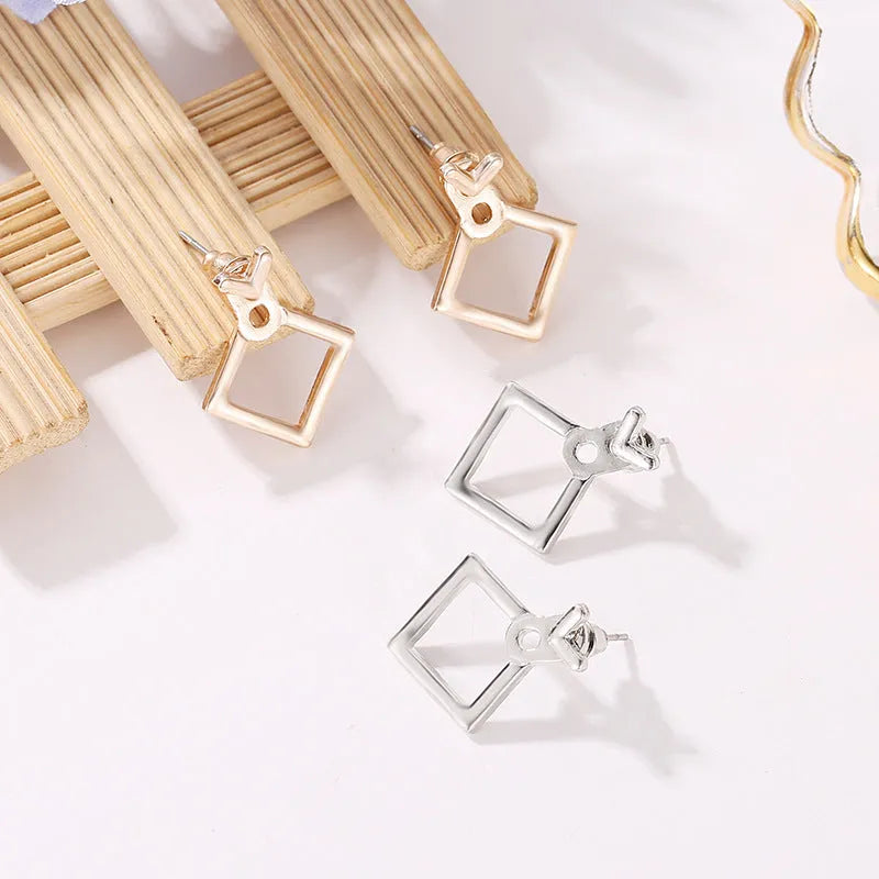 Hollow diamond square alloy stud earrings for women, geometric shape, multiple colour options