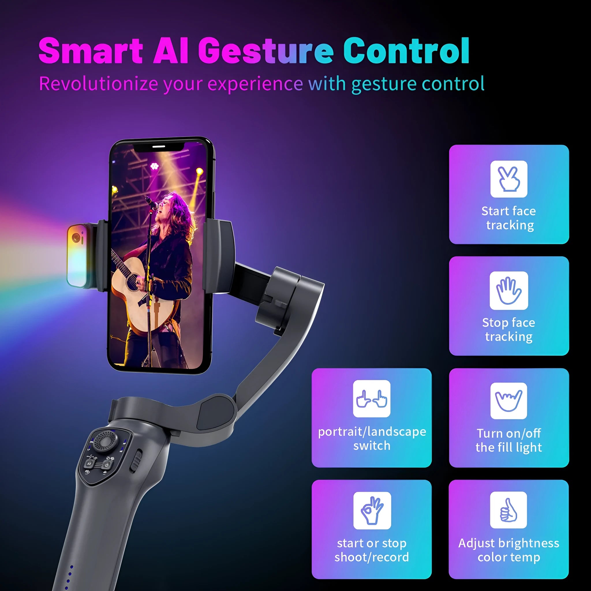 Foldable handheld camera stabiliser gimbal in gun metal colour with USB port.