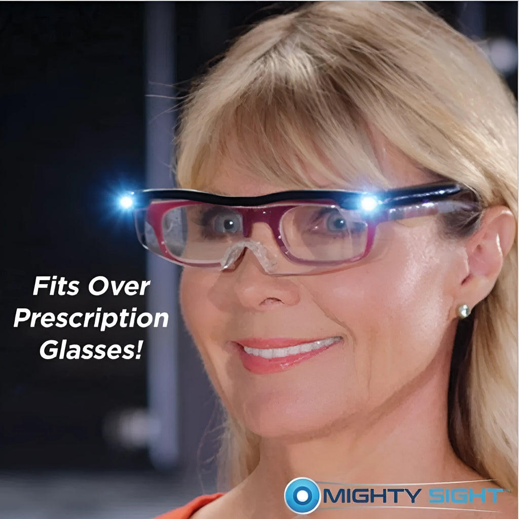 Transparent black USB reading glasses with integrated LED lights on the frame.