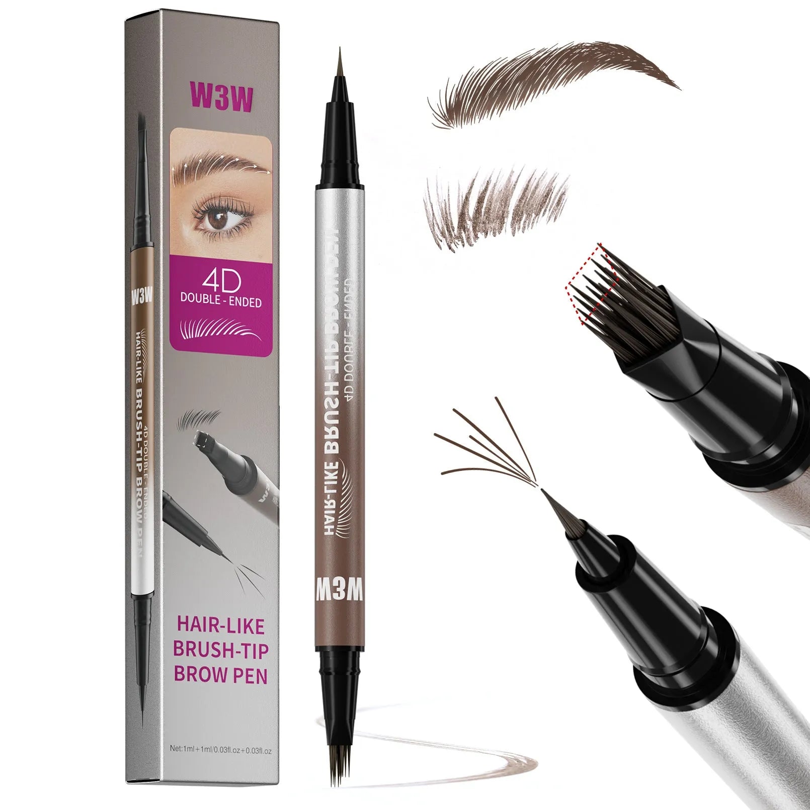 Waterproof sweat-proof smudge-proof double-ended eyebrow pencil with powder in five colour options including light brown, brown, dark brown, black brown, and black.