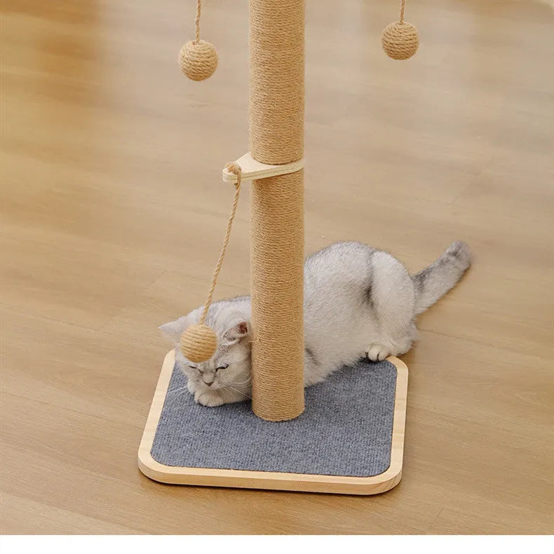 Windmill colour cat climbing frame with a hanging ball toy, made from pine wood and carpet leather.