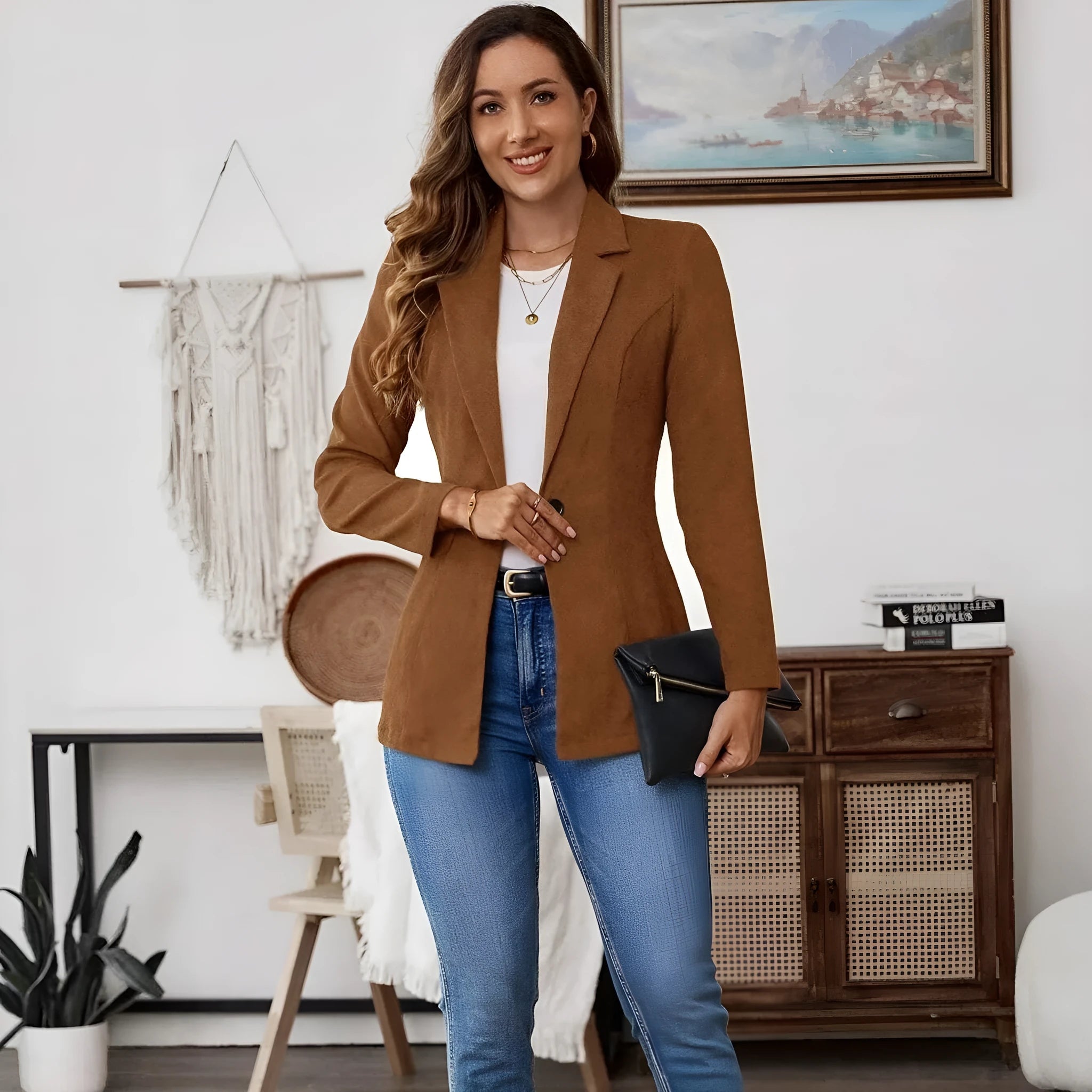 Brown single-breasted lapel leisure suit coat with long sleeves