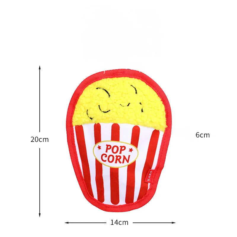 Hamburger shaped crinkle and squeak dog toy with no stuffing for safe interactive play