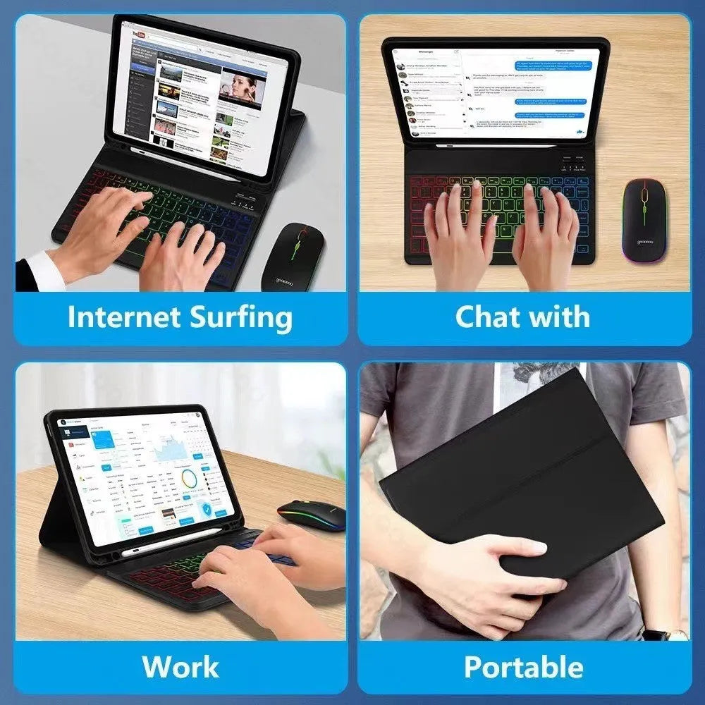 iPad in a colourful TPU leather case with a built-in luminous RGB backlit Bluetooth keyboard and stand open.
