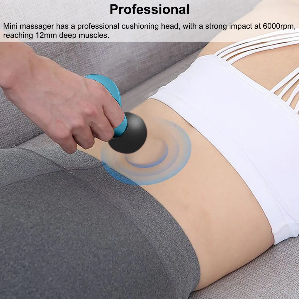 Mini pocket electric fascia massage gun in blue with cushioning head for deep muscle relief