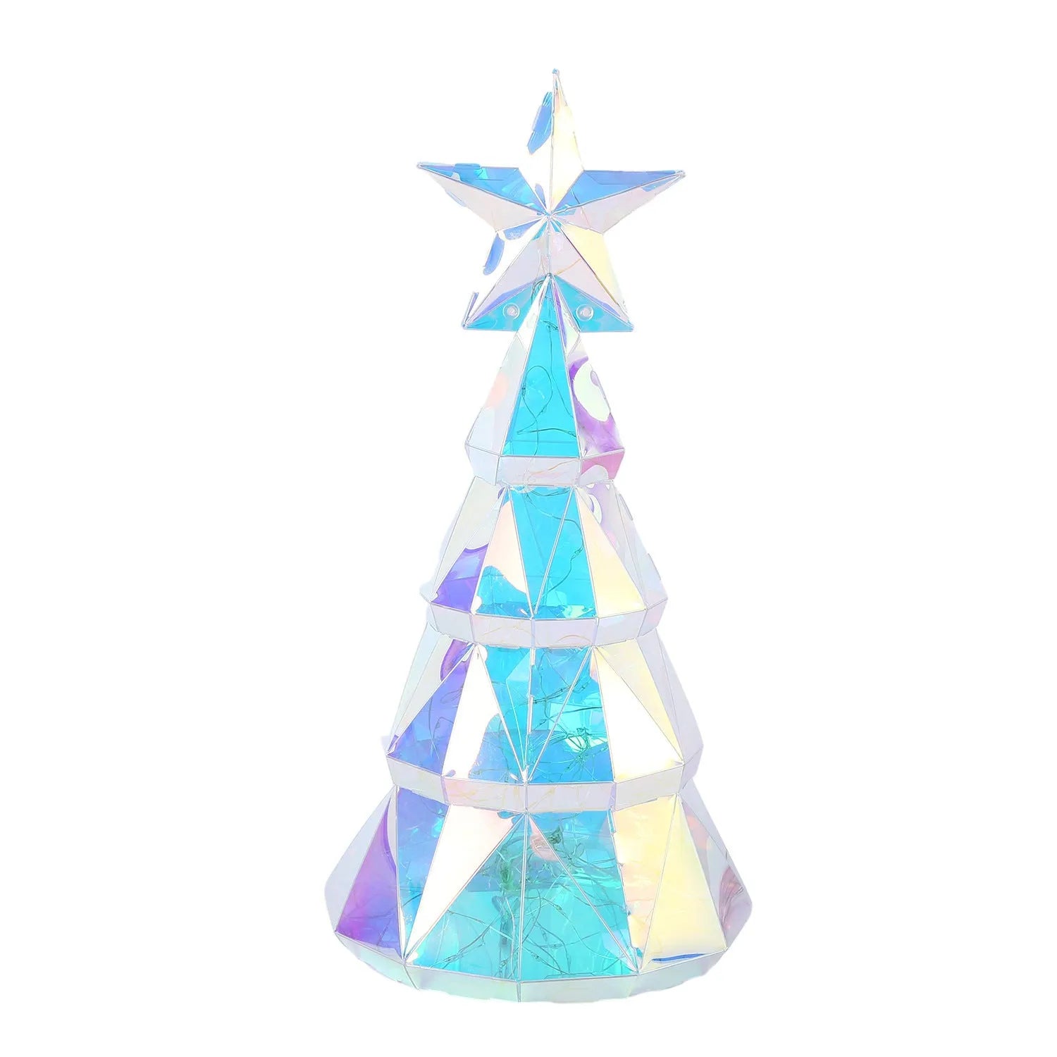 Colourful cartoon-style LED-lit Christmas tree decoration made from PET plastic