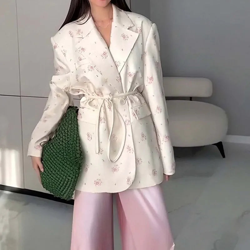 Suit jacket with lace-up collar and waist tie in polyester fabric with long sleeves