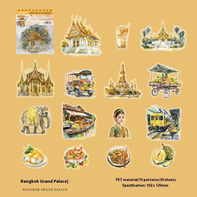 Six retro architecture journal stickers showing Paris Arc de Triomphe, London Big Ben, Maldives, Zurich, Rome Fontana di Trevi, and Bangkok Grand Palace