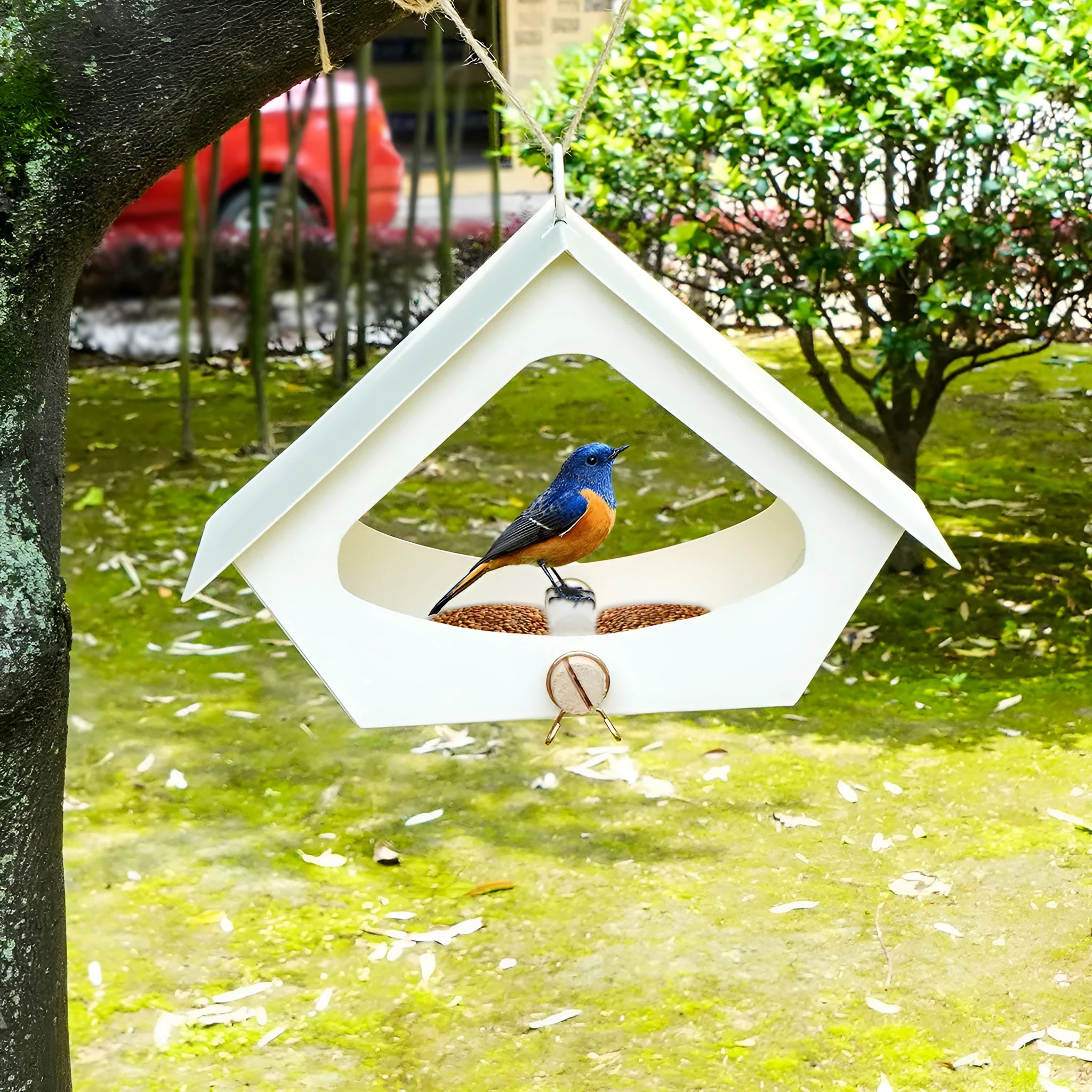 Outdoor iron bird feeder nest with anti-rain lid in European modern simplicity style for garden decoration.