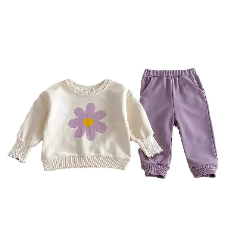 infant two-piece set cute flower sweatshirt and sweatpants baby girl suit purple cotton