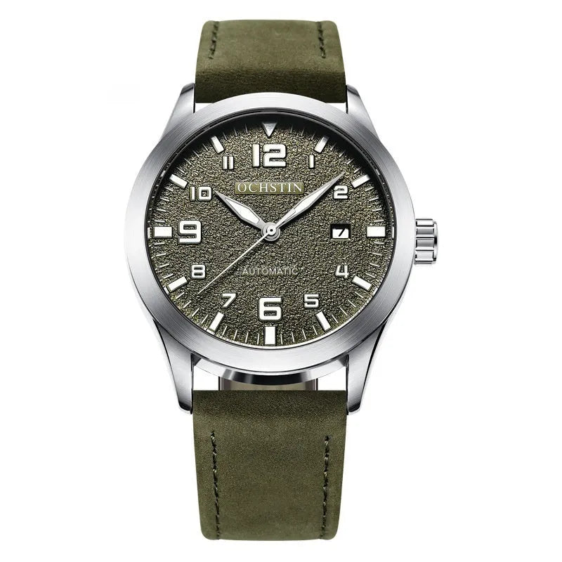 Men's silver case Army Green dial automatic watch with brown leather strap on wrist