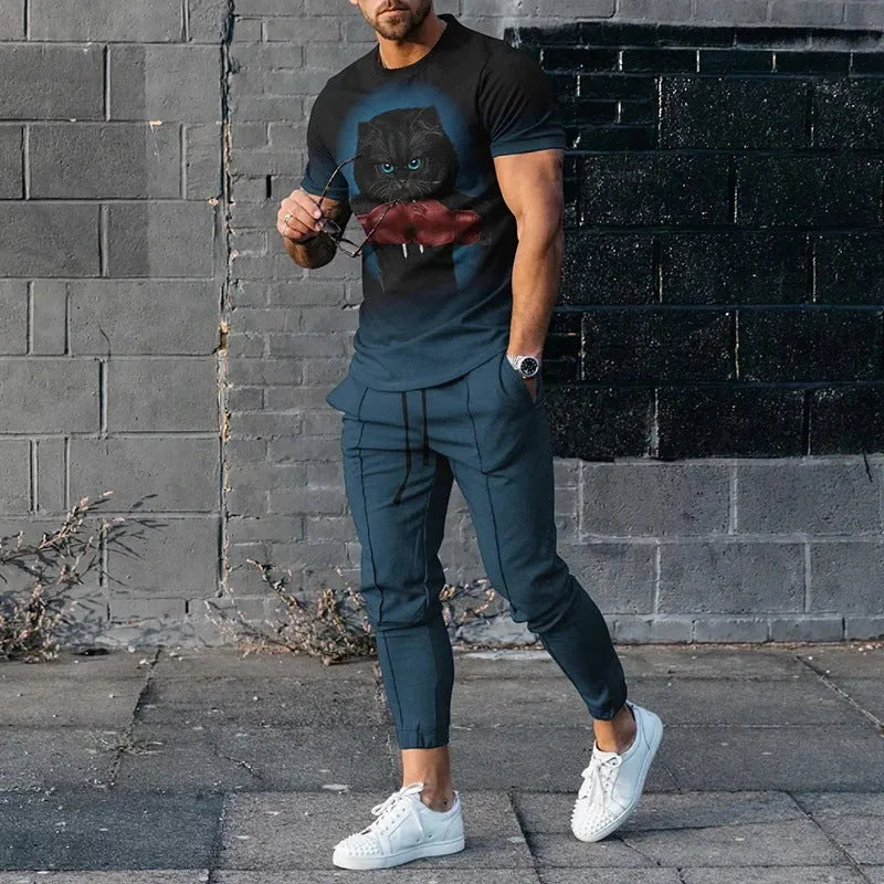 Man wearing a printed short-sleeve pullover and matching trousers from a thin polyester sports suit set.