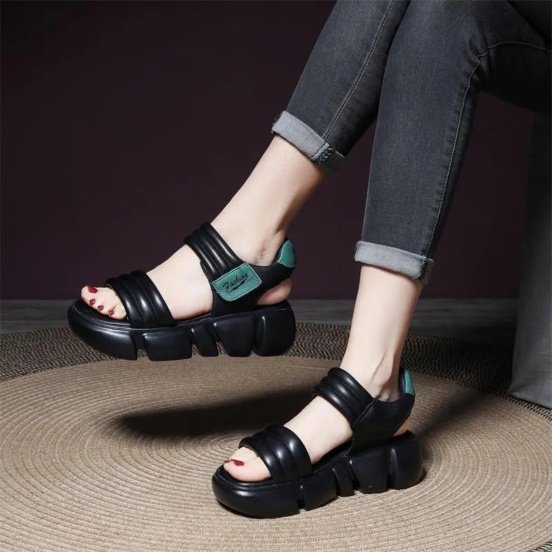 Open toe platform wedge sandals in beige with Velcro strap and rubber sole