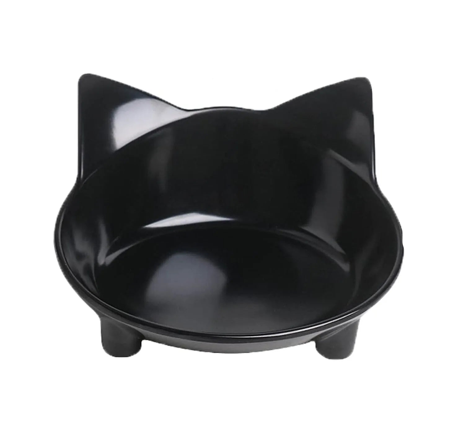 White shallow melamine pet bowl with non-slip black rubber base on a wooden floor.