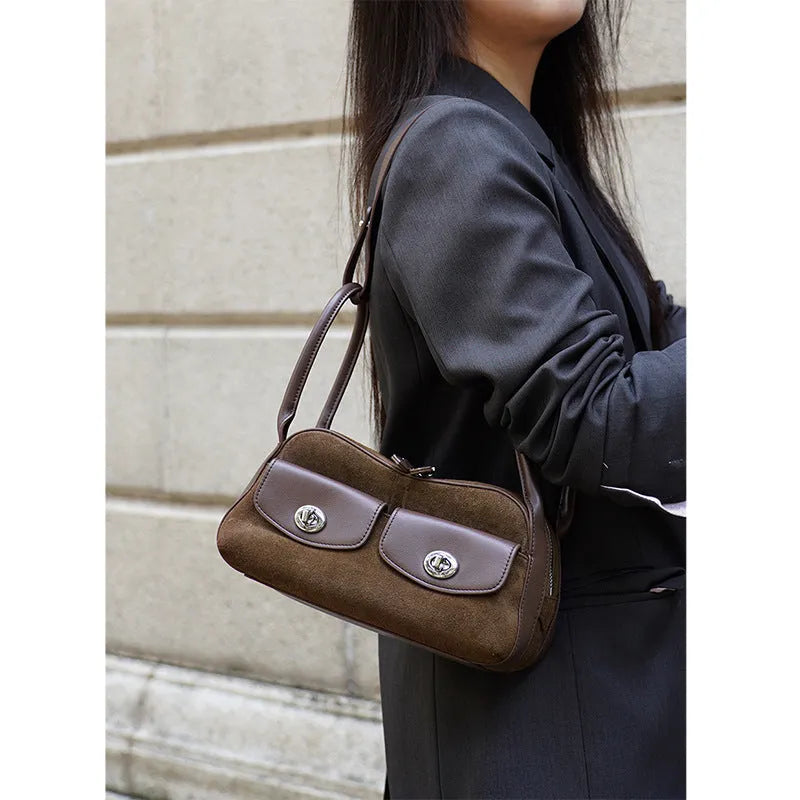Medium genuine two-layer cowhide leather crossbody shoulder bag in solid colour with sewing line detail, 25x13x12cm