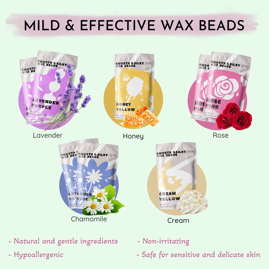 WUWUVISTA 63-piece waxing kit with black wax warmer, wax beads, application sticks, and aftercare products