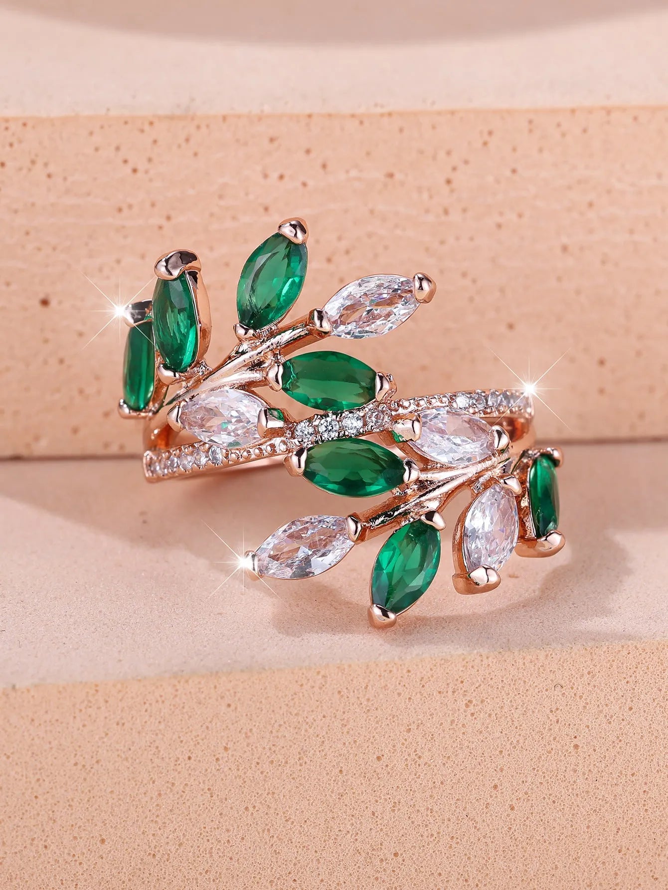 Adjustable copper leaf ring with horse eye design and zircon stones in multiple colour options