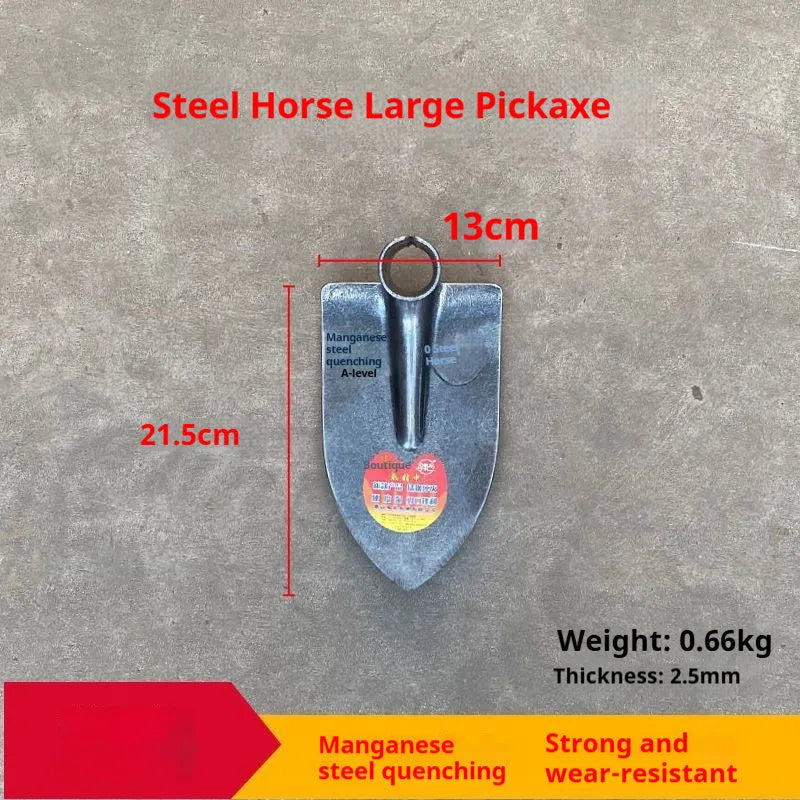 Agricultural pointed hoe with flat blade and steel horse tip for weeding and ploughing.