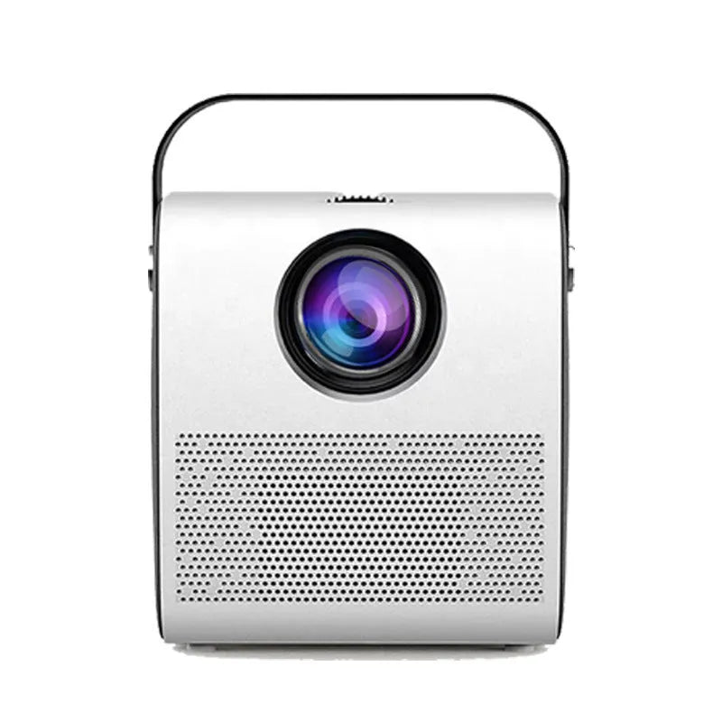 White 1080P HD portable projector with 3000 lumens, HDMI USB VGA inputs, manual focus, on a table