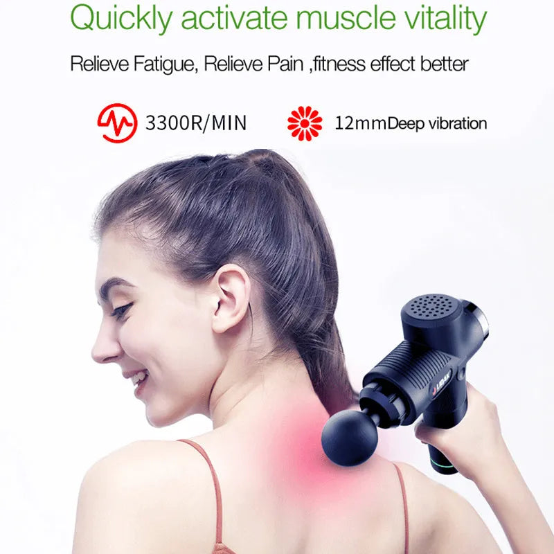 Fascia massage gun with 30-speed settings, 24V brushless motor, and six massage heads in black colour