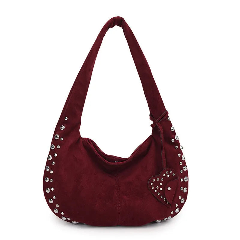 Soft plush casual tote handbag for women in retro style, shown in black, red, brown, or green.