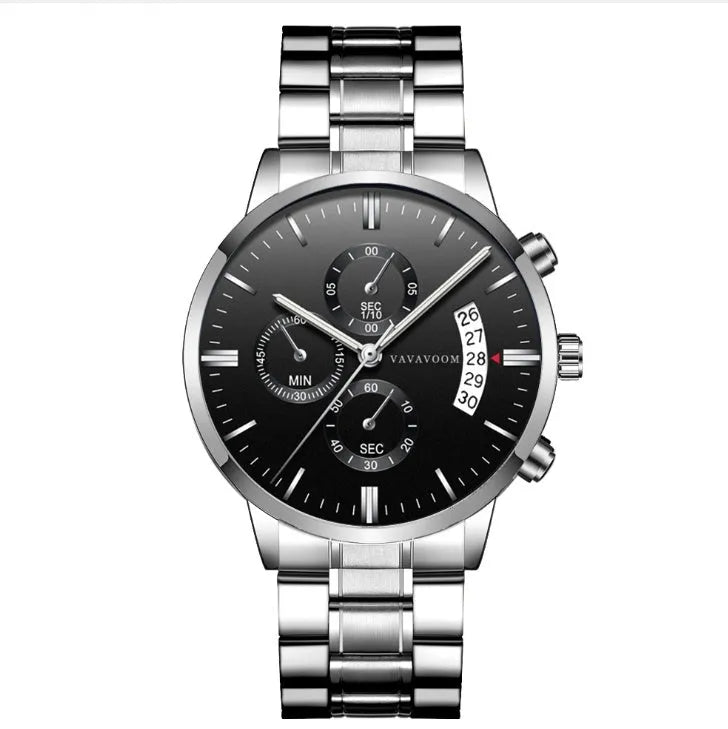 Men's stainless steel watch with 43mm round dial, quartz movement and butterfly buckle in multiple colour variations