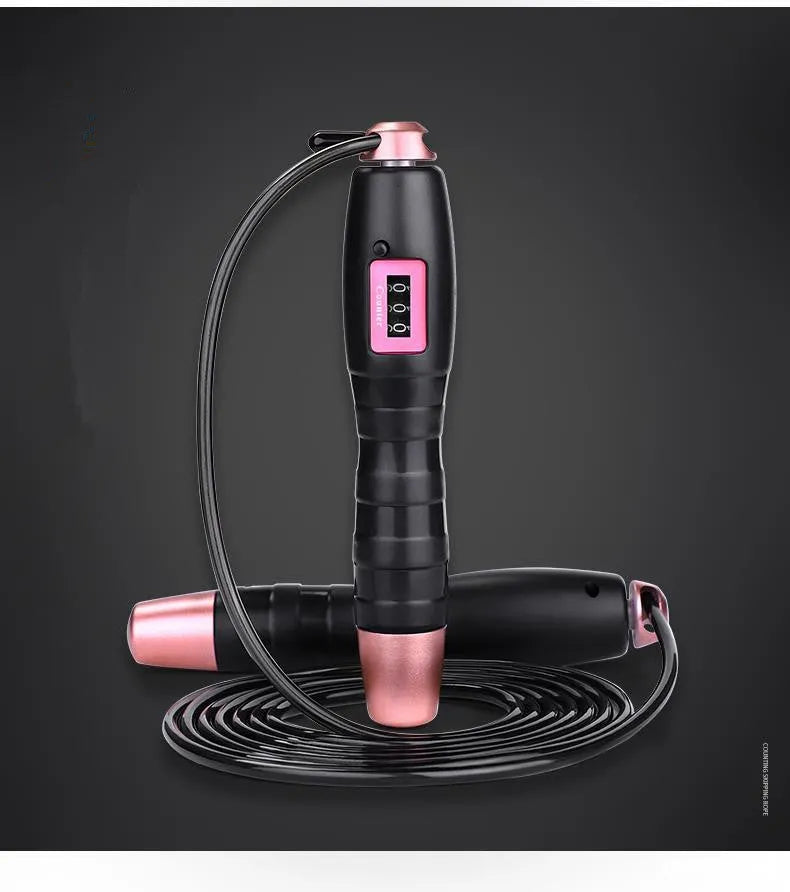 Adjustable digital skipping rope with black ABS handle and coated steel cable on white background