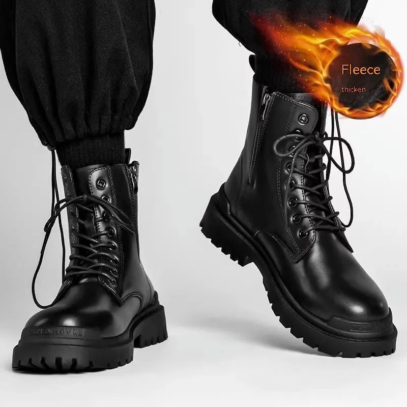 Men's mid-top black waterproof leather boots with non-slip rubber sole on flat surface