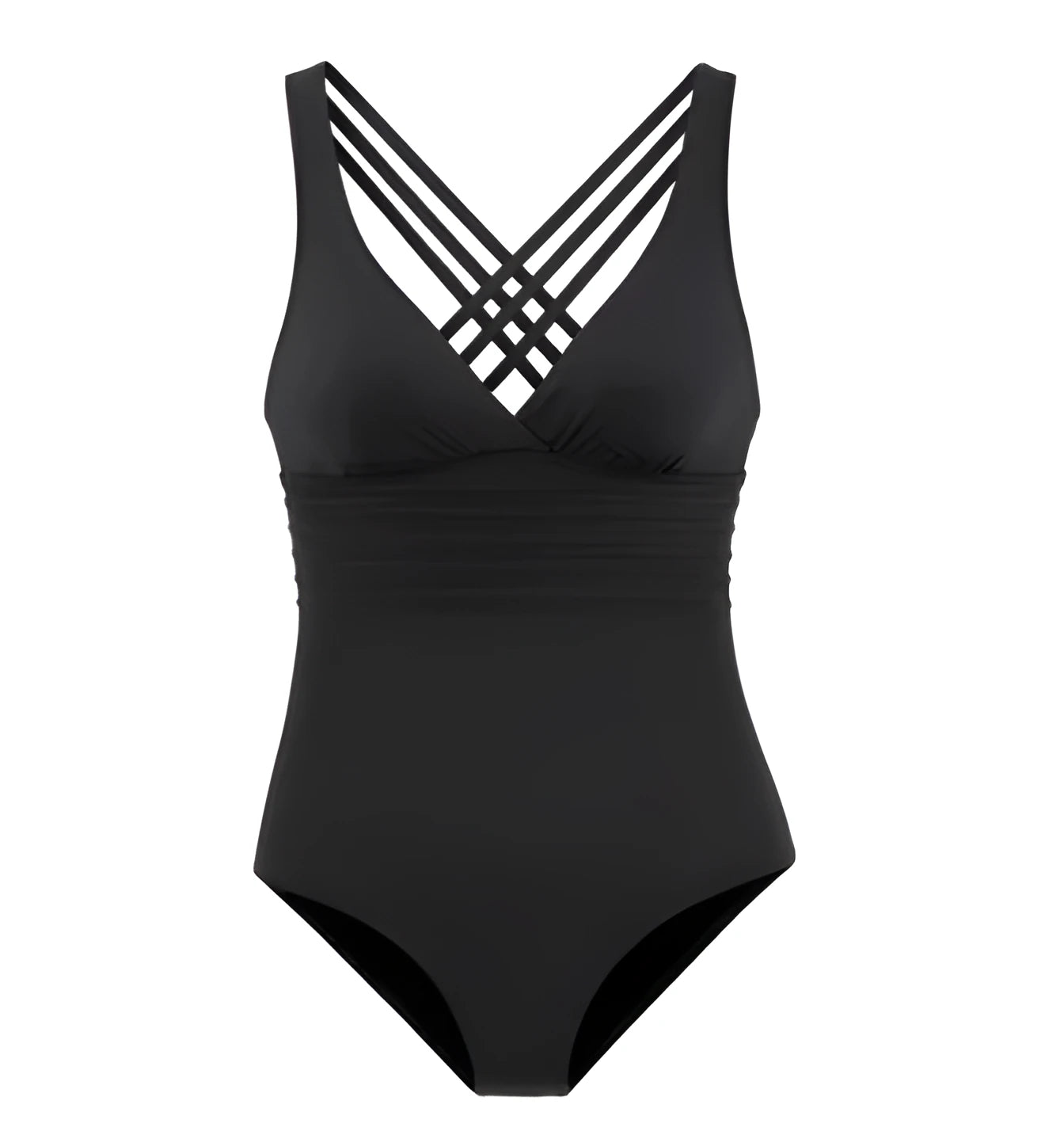 Deep V backless high-waist solid colour one-piece nylon swimsuit for women in black