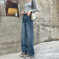Women's high-waisted retro straight jeans in medium blue denim, showing straight leg and high waist silhouette.