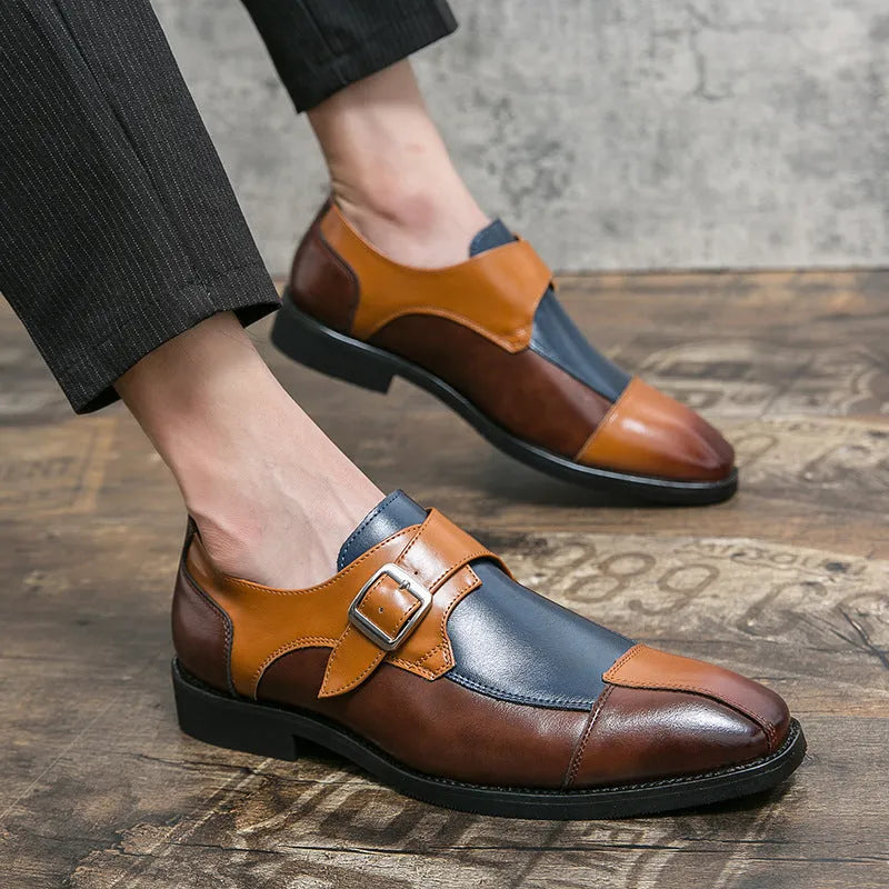 Men's British style casual leather shoes with retro buckle in black and brown-blue colours